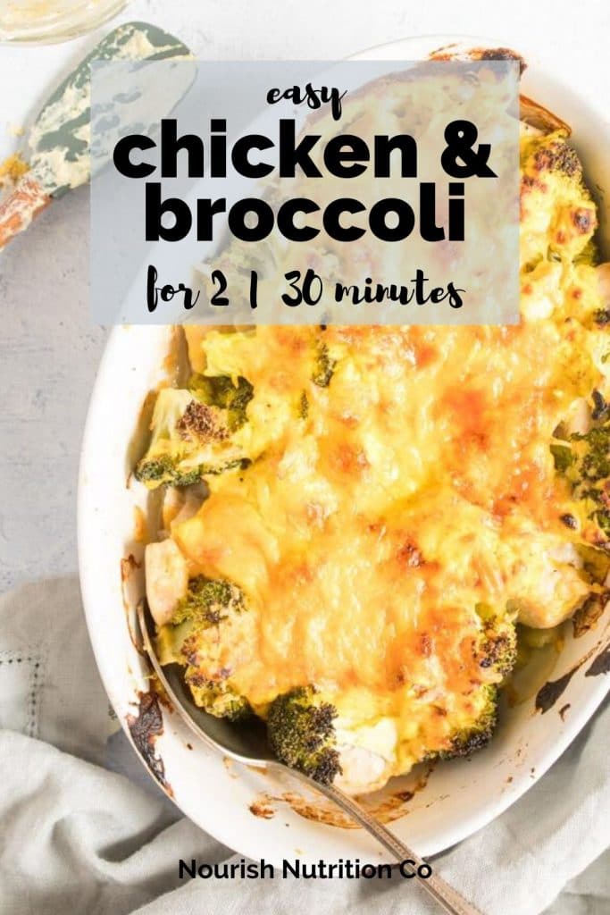 chicken broccoli divan in a casserole dish with text overlay