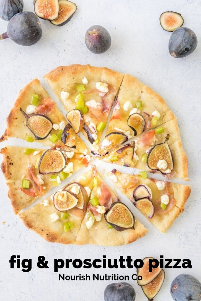 sliced fig and prosciutto pizza with figs and a text overlay