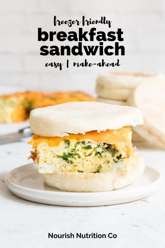 freezer egg sandwich on a plate with eggs in the background with text overlay