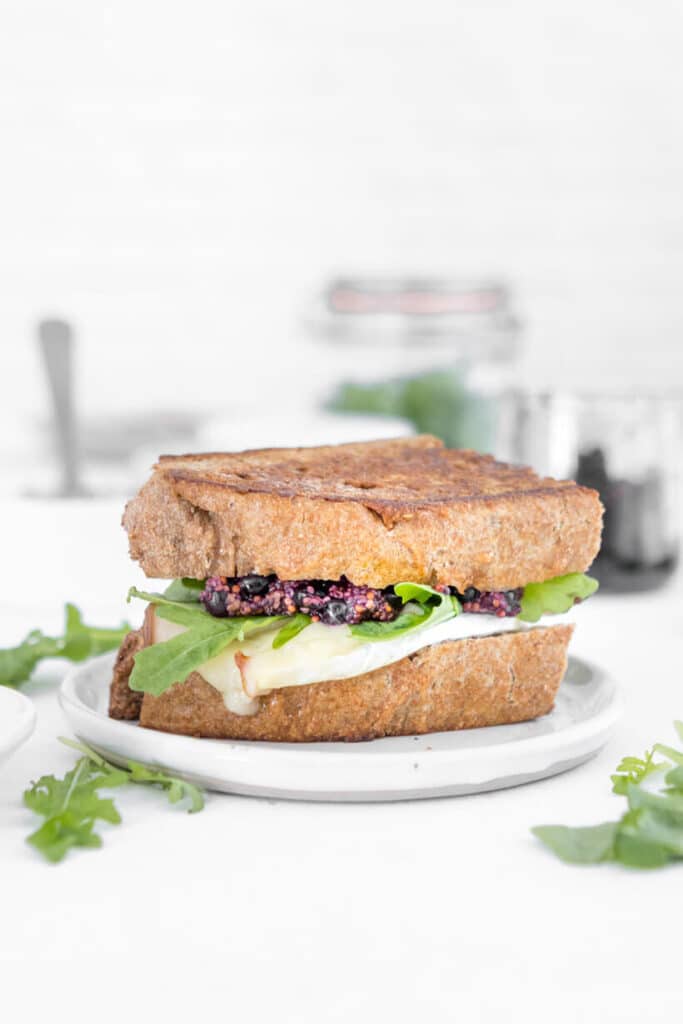 turkey and brie sandwich with blueberry mustard and arugula in it