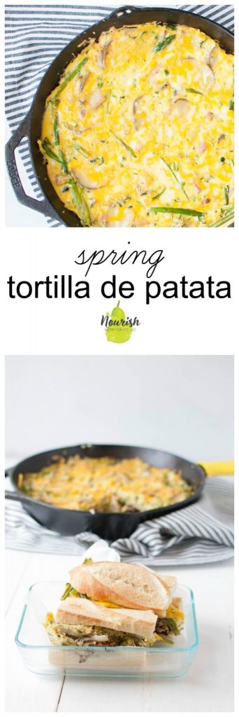 Spring Tortilla de Patata Sandwich in a glass bowl and tortilla de patata in a cast iron skillet with text overlay