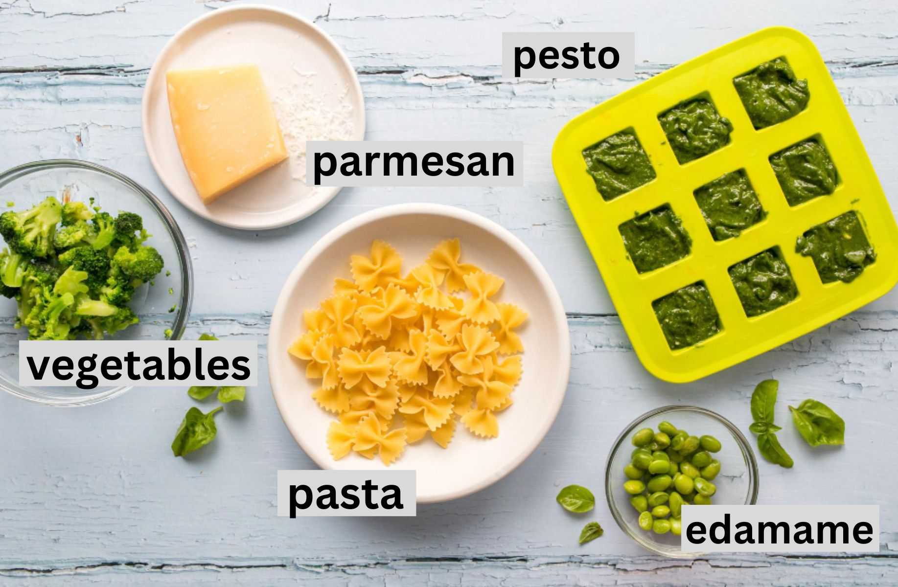 pesto pasta ingredients on a table