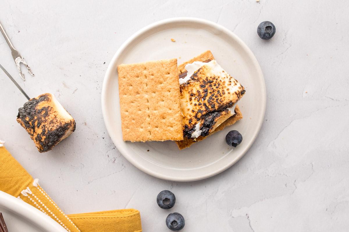 marshmallow s'more on a plate with blueberries around it