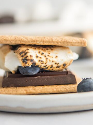 close up of charred marshmallow s'more on a plate