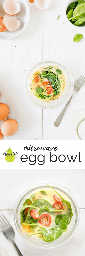 microwave egg bowl on a table with a fork, eggs, and spinach with text overlay