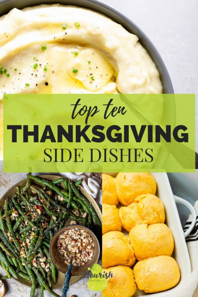 multiple Thanksgiving side dishes with text overlay in the center