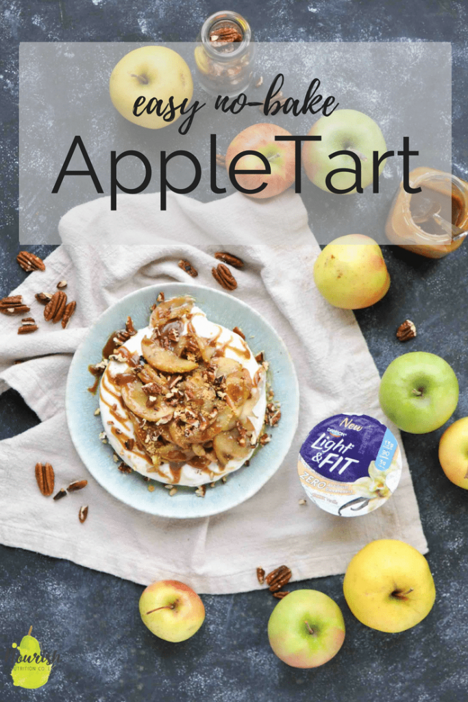 no bake apple tart with an apple and pecan topping with the ingredients surrounding the tart and a text overlay