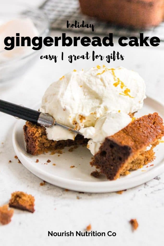 gingerbread poundcake on white plate with text overlay
