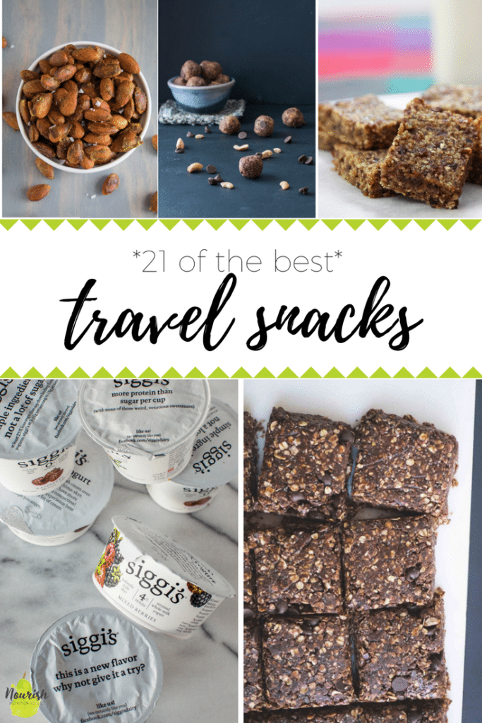 pictures of travel snacks with text overlay