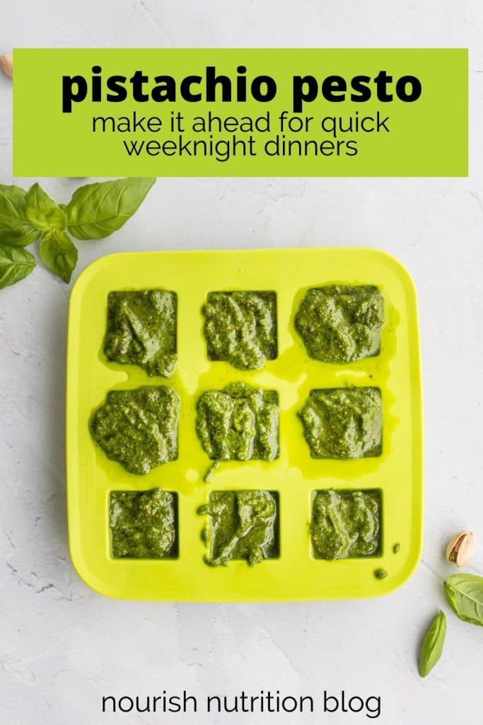 pistachio pesto sauce in ice cube tray with text overlay