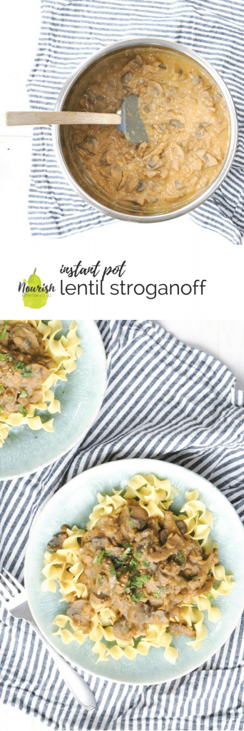 lentil stroganoff over egg noodles on a blue plate with text overlay