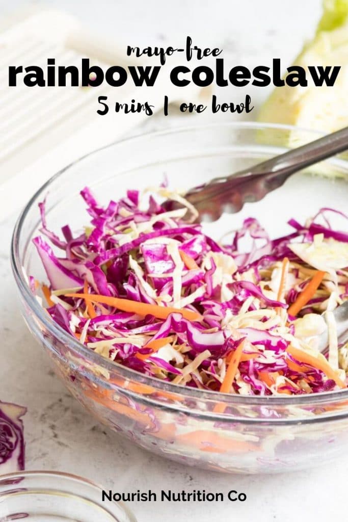 rainbow coleslaw in a glass bowl with a text overlay