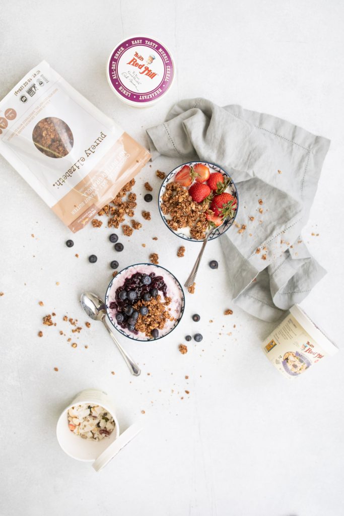 overhead shot of yogurt with granola and muesli