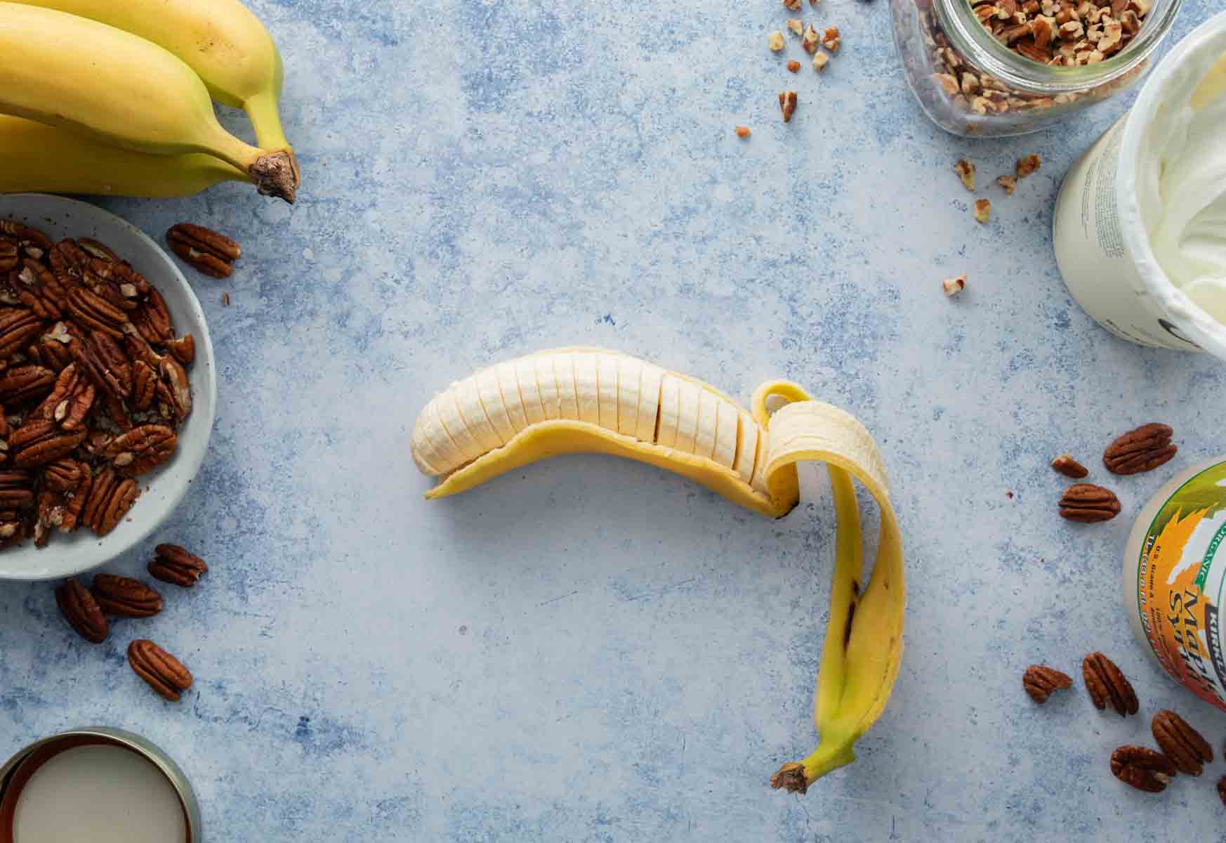 sliced banana on blue table