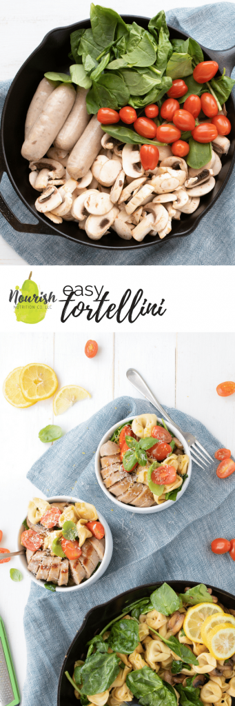 easy tortellini with sausage in bowls and cast iron skillet with text overlay