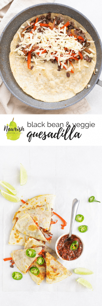 vegetarian quesadilla on table and in a pan with text overlay