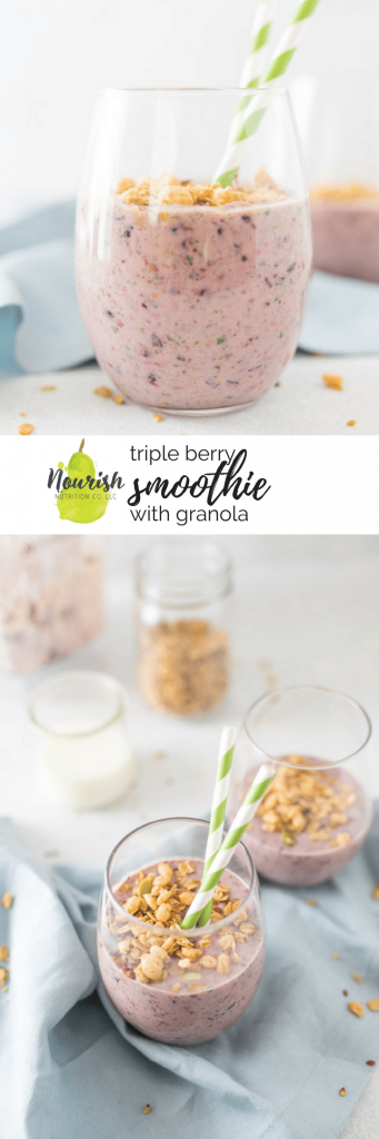 triple berry smoothie with granola with ingredients in background and text overlay