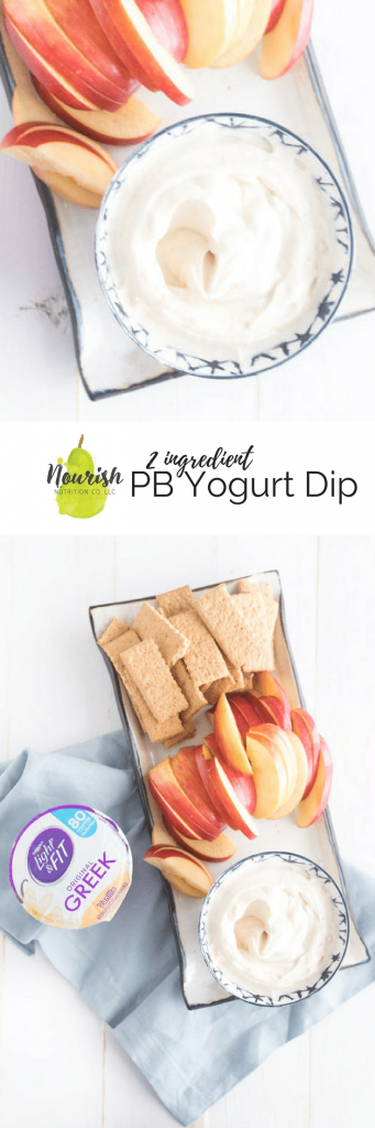 PB Greek yogurt dip with apples and graham crackers on table with text overlay