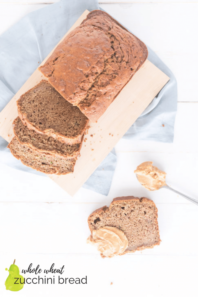whole grain zucchini bread with peanut butter and text overlay