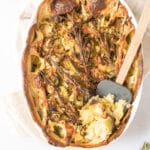 rustic potato and brussels sprouts au gratin in pan