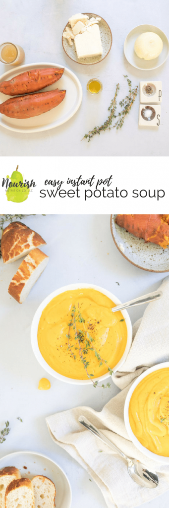 instant pot sweet potato soup on a table with text overlay
