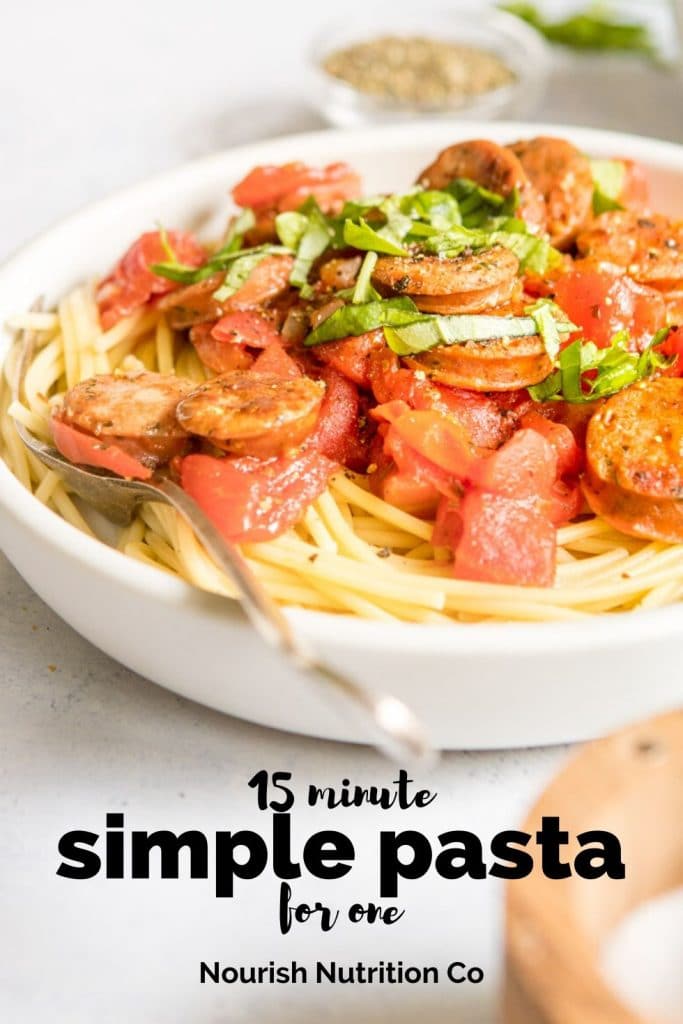 15 minute pasta and ingredients on a table with text overlay