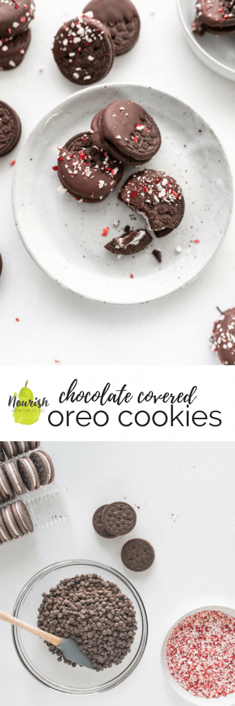 Chocolate covered oreo cookies with peppermint on a table, with ingredients and text overlay