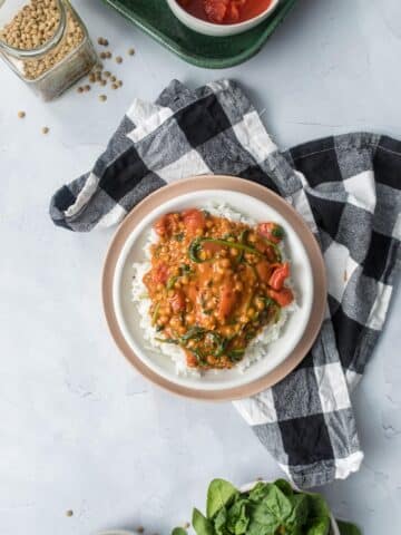 green lentil coconut curry on table with ingredients