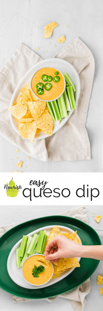easy queso dip on a platter with chips and celery with text overlay