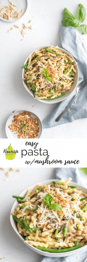 pasta with mushroom sauce in a bowl with ingredients on table and a text overlay