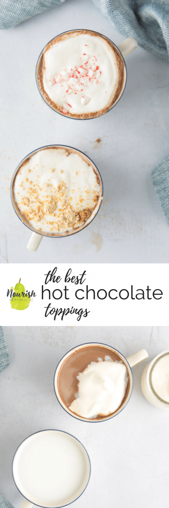 hot chocolate in mugs for the best hot chocolate toppings with text overlay