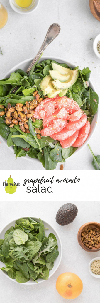 grapefruit and avocado salad on a table with ingredients and a text overlay