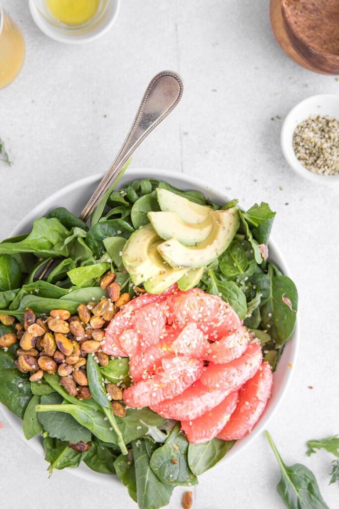 grapefruit and avocado salad in a bowl