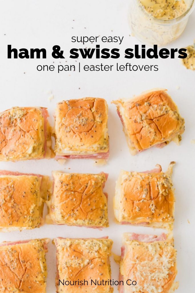 ham and swiss sliders on table with text overlay