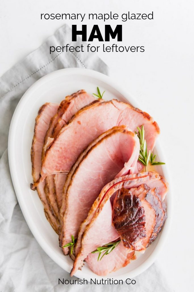 maple glazed ham on a plate with text overlay