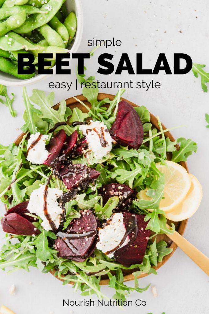 beet and arugula salad with text overlay
