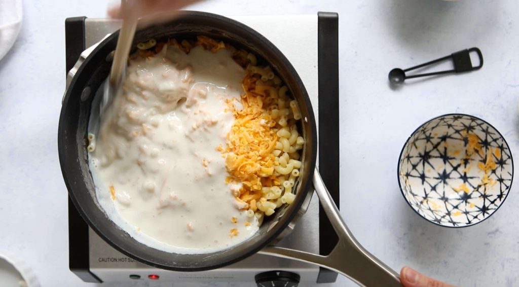 protein mac and cheese assembly in a cooking pot