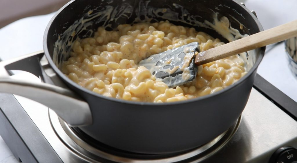 protein mac and cheese in cooking pot