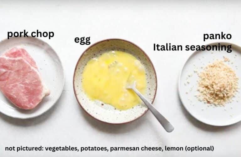 egg wash and breading for pan seared pork chops on a table