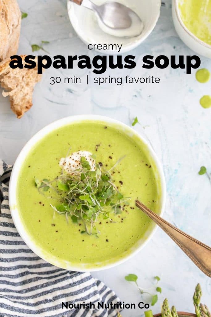 creamy asparagus soup in a bowl with text overlay