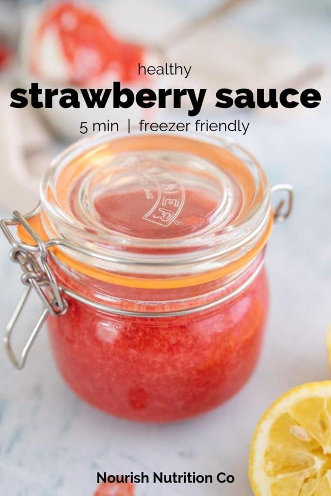 healthy strawberry sauce in a jar with text overlay