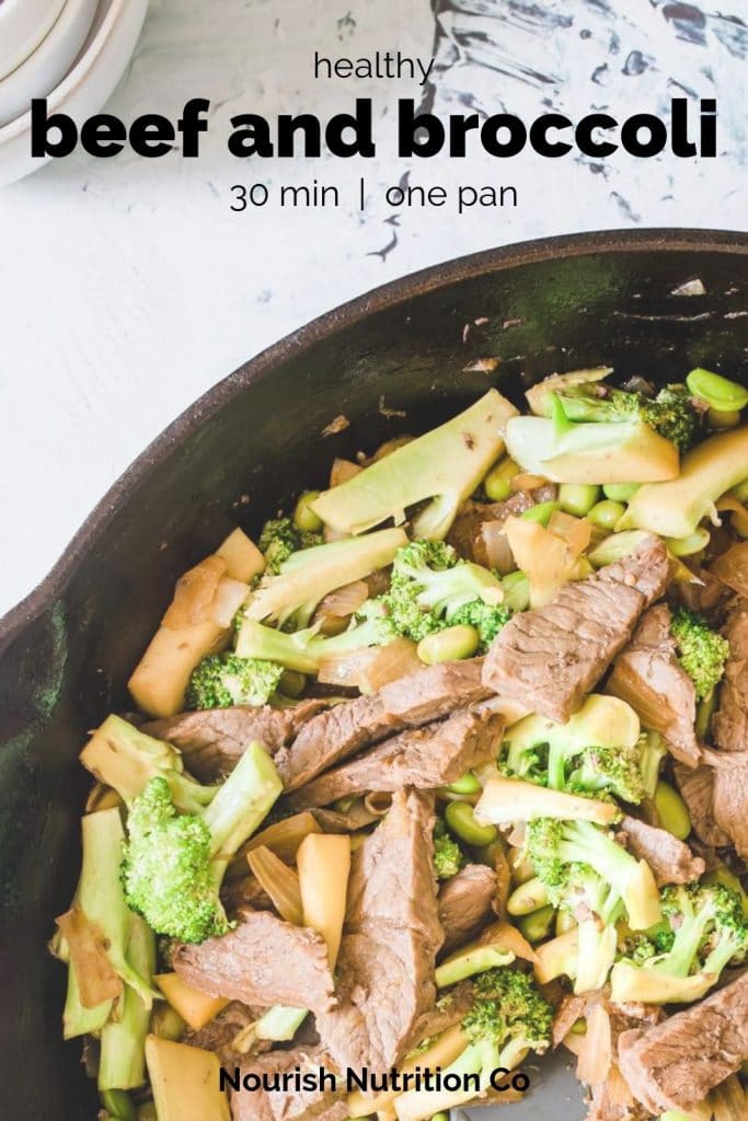 beef and broccoli in a pan with text overlay