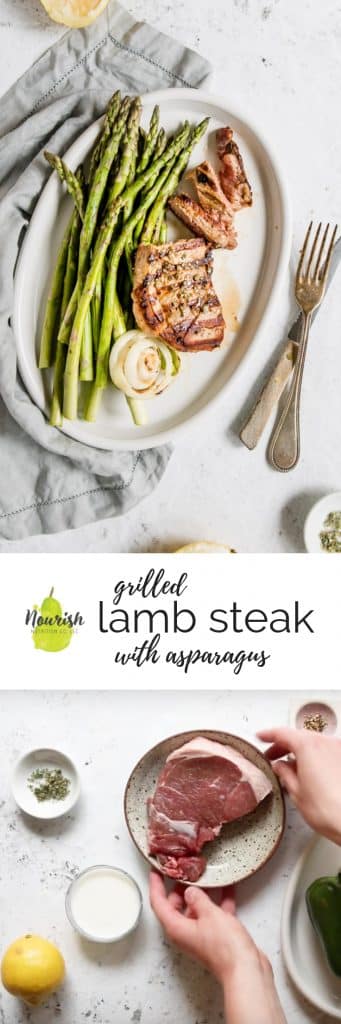 grilled lamb steak on a plate with ingredients and text overlay