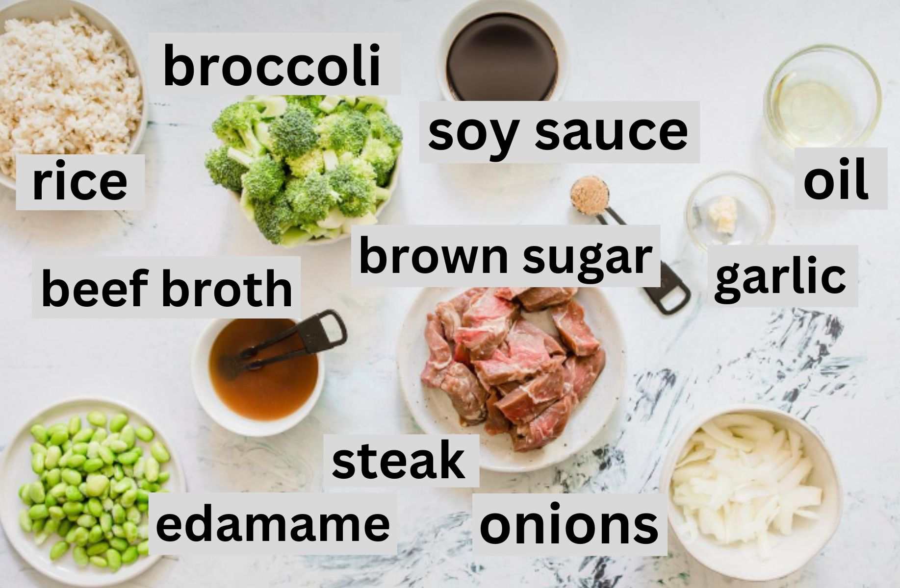 ingredients for beef and broccoli on a table