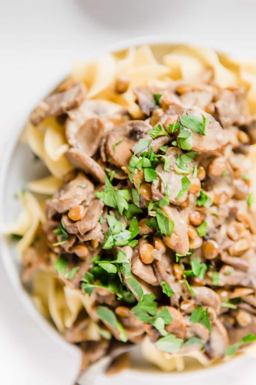 Instant Pot lentil stroganoff in a bowl