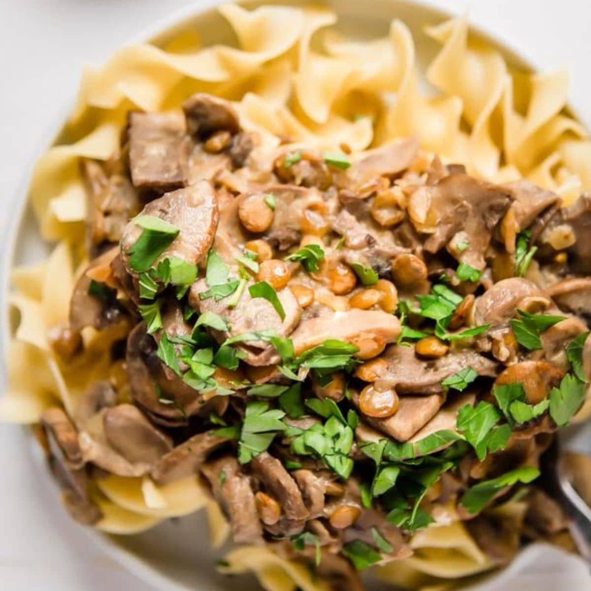 close up of lentil stroganoff with parsley