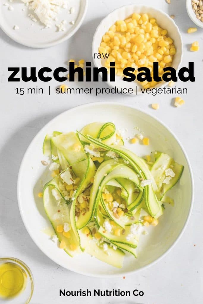 zucchini salad in a bowl with text overlay