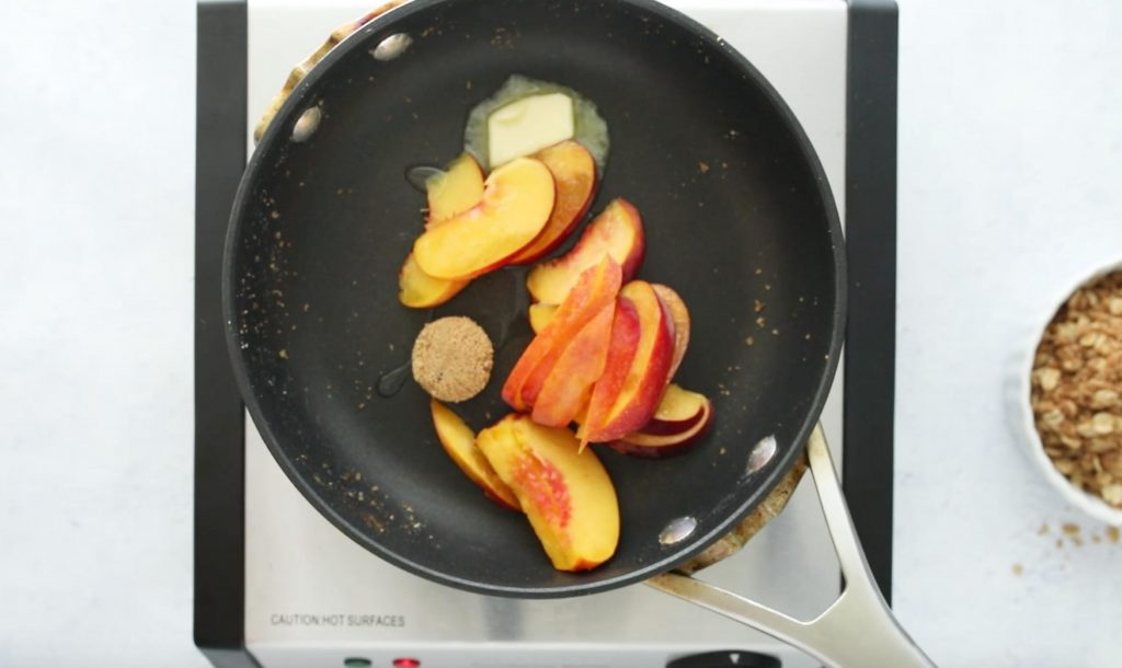 peaches, butter, and brown sugar in a sautee pan