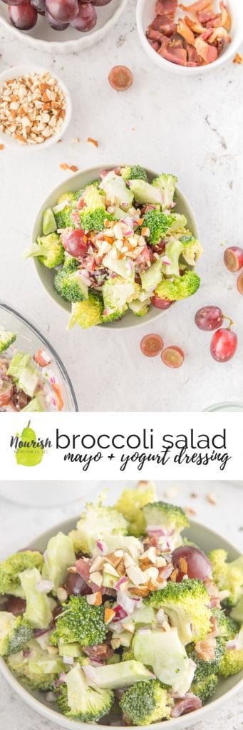 bowl of broccoli salad with grapes and ingredients on a table with text overlay and another photo of broccoli salad