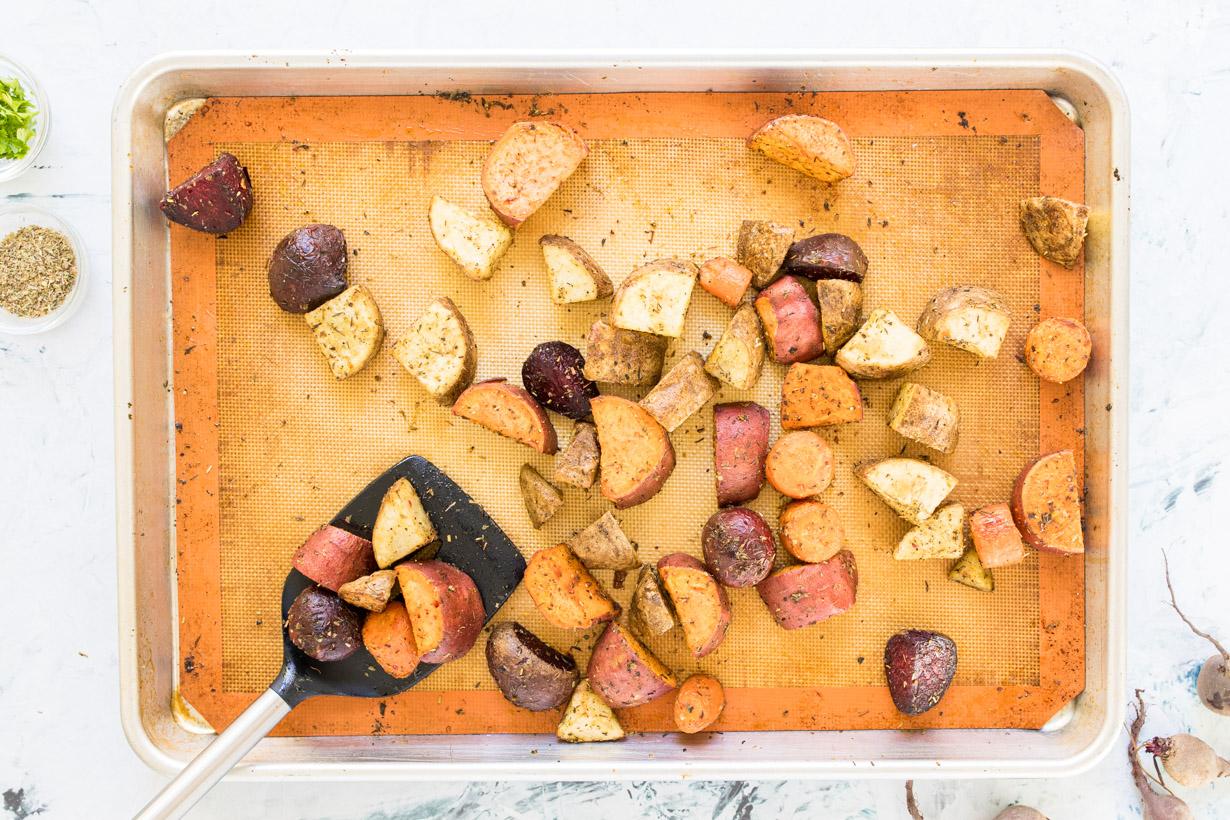 roasted winter vegetables on a baking sheet